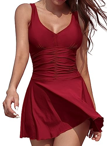 SHEKINI Traje de Baño de Una Pieza para Mujer Halter Cuello en V Acolchado Elegante Adelgazante Bañador Mujer con Falda con Shorts de Seguridad(M,Borgoña)