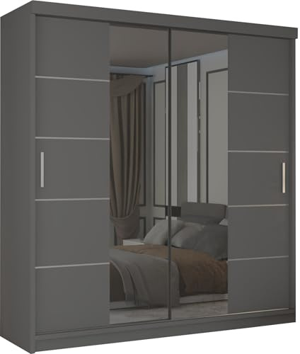 MN Furniture Modern Leads Sliding Door Wardrobe with Mirror & Customizable Interior | Bedroom Storage with Shelves & Rails | 120cm 150cm 180cm 203cm (Grey, 180cm)