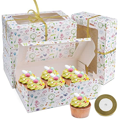 ChuerTech Cupcake Box 6er - 15 Stück Tortenkarton Keksboxen - Geschenkbox Karton mit Sichtfenster - Cake Box für Muffins, Kuchen und Gebäck - Weihnachts-Geschenkkarton mit 22m Band