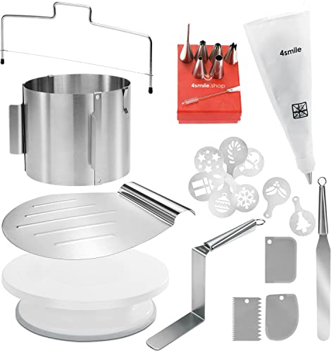 Torten-Zubehör-Set - Tortenring verstellbar hoch, Tortenheber, Tortenschneider, Streichpalette, Winkelpalette, Tortenplatte drehbar, Teigschaber, Spritzbeutel, Spritztüllen-Set, Torten-Schablonen