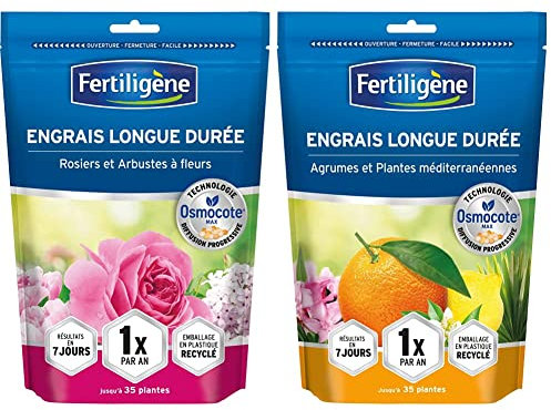 Fertiligène Engrais Longue durée Osmocote Max Rosiers et Arbustes à Fleurs 700g Engrais Longue durée Osmocote Max Agrumes et Plantes méditerranéennes 700g