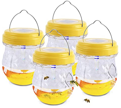 Wespenfalle Mit Solar UV Licht Für Draussen, Wespenfallen Zum Aufhängen Für Draußen, Wespenfalle Flasche Lebend, Insektenfalle Bienenfalle Außen, Für Füllung Wespen Abwehr Lockstoff Flüssig (4* Gelb)