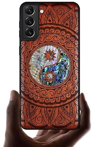 Carveit Designer Wooden Case for Samsung Galaxy S22 Case Cover [Wood Engraving & Shell Inlay] Compatible with Wireless Chargers Galaxy S22 Case (Yin Yang Paisley-Red Wood)