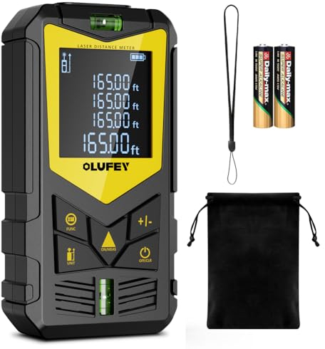 OLUFEY Laser Measure,50M Laser Distance Meter Device Portable Digital Measure Tool IP54 Range Finder with Bubble Levels and LCD Backlit Display