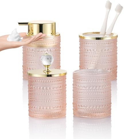 YCWF Set di accessori da bagno in vetro rosa con dispenser di sapone schiumoso, set da 4 pezzi con portaspazzolino da bagno, include dispenser di sapone schiumoso, bicchiere, portaspazzolino e