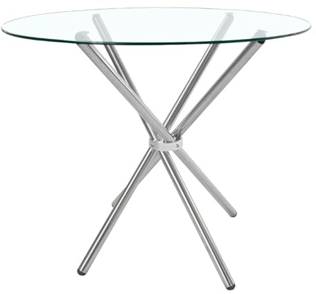Warmiehomy Round Glass Dining Table With Silver Metal Legs, 90cm Small Kitchen Dining Table for Living Room Office Restaurants, 90x90x75CM