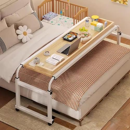 FDSGEEE Über-Betttisch auf Rollen höhenverstellbar/breitenverstellbar, Overbed Table, Mobiler Schreibtisch, Pflegetisch, Laptoptisch, Bettbeistelltisch, Breite 120-220 cm & Höhe 75-95 cm(Color:Eiche)