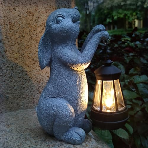 VIOYOUNS Rabbit Solar Garden Outdoor Statues,Resin Rabbit Figurine Decorations with Solar Lights Lantern, Outdoor Resin Bunny Decor for Lawn,Yard, Unique Housewarming Gift for Garden Home