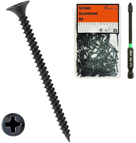 Suneke Lot de 200 vis pour cloison sèche M3,5 mm x 12 mm, haute dureté, phosphate, filetage fin, tête plate, vis à bois avec boîte de rangement et 1 embout long PH2#2