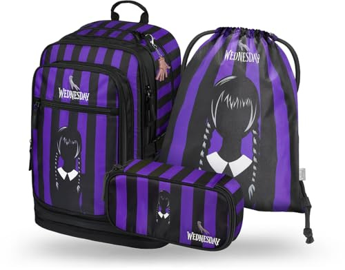 Baagl Schulrucksack Set Mädchen 3 Teilig - Schultasche ab 3. Klasse - Grundschule Ranzen mit Brustgurt - Ergonomischer Schulranzen (Wednesday)