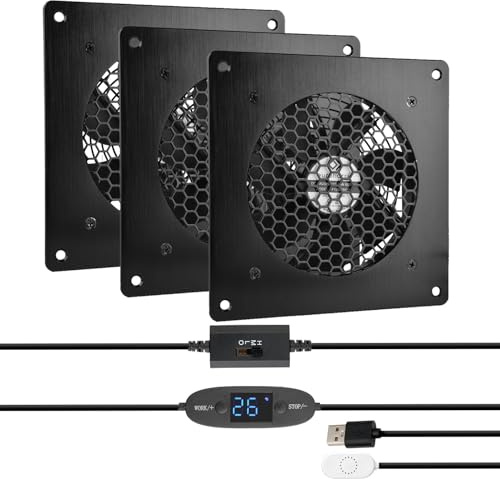euroharry USB-fläkt med digital display, temperaturkontroller, tyst fläktsystem, 5 V, med modern borstad svart aluminiumram, perfekt för hemmabio och som elektronikskåpfläkt (3-pack)