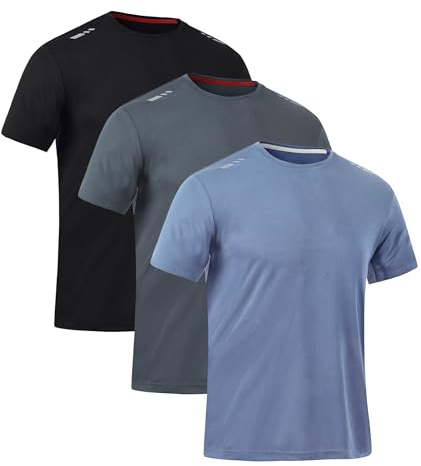 Zoofly Confezione da 3 magliette da uomo per allenamento in palestra, ad asciugatura rapida, maglietta sportiva girocollo a maniche corte, Nero/Grigio/Blu polvere, M