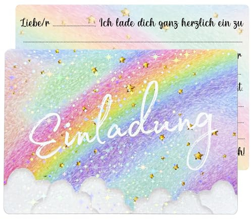 JOYEASE 12x Glitzer Regenbogen Einladungskarten Kindergeburtstag Mädchen | Einladungskarten Geburtstag, Geburtstagseinladungen für Einladung Kindergeburtstag Mädchen