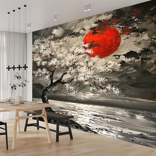 Papier Peint Fleurs Cerisier Soleil Rouges Style Japonais 200x140 cm 3D Panoramique Murale Salon Papier Peint intissé pour Chambre Salon Personnalisé Décoration Murale