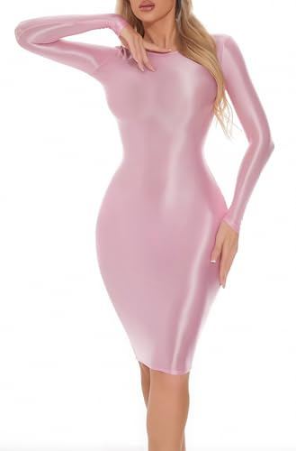 FEOYA Women's Oil Shiny Glossy Dress Stretch Sheer Bodycon Dresses M-XL | Sexy Uniform Seduction Long Sleeve Smooth Pencil Dresses, Soft, Work, Office, Club, Party, Coctail, Stage, Carnival