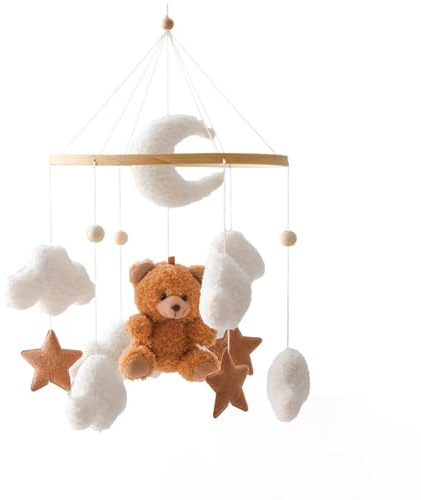 Mobile Baby Windspiele, Babybett Hängende Windspiele, Babybett Mobile Windspiele mit Filzbällen, Tierische Bettglocken, Geschenk für Baby Jungen und Mädchen (Brauner Bär,23 * 45 cm)