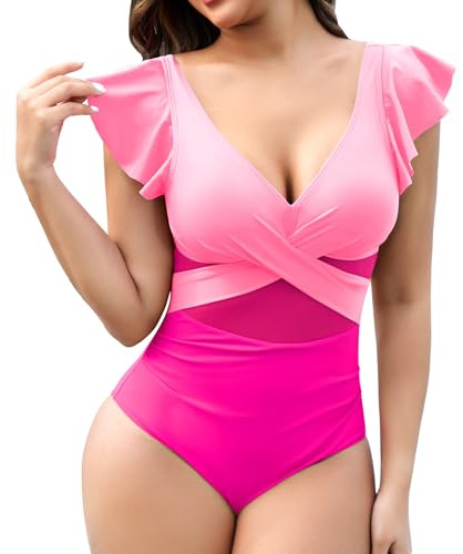 SHAPERIN Baddräkt för kvinnor i ett stycke V-ringning push-up monokini volang patchwork magkontroll baddräkt, Rosenröd, L