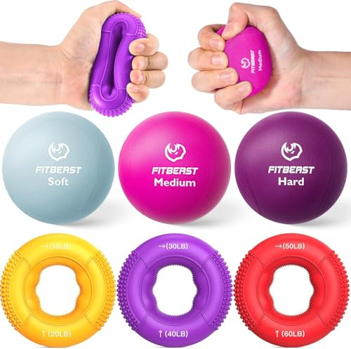 FitBeast Entrenador de fuerza de agarre, ejercitador de dedos, bolas de estrés para adultos, kit de 6 piezas, terapia de mano para fuerza, recuperación, alivio del estrés, fortalecedor del antebrazo