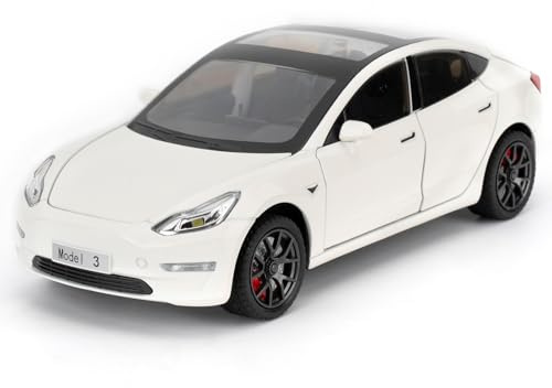 Tesla Model 3 in Lega di Ghisa, Giocattolo con Funzione Audio e Luce e Pull Back, Modello da Collezione con Porta Apribile, Regalo per Bambini (Bianco)