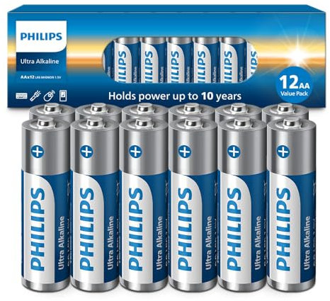 PHILIPS AA Batteries 12 Pack | 1.5v Ultra Alkaline Double A Battery | 132% More Power Then Industry Standard | Long-Lasting | 10-Year Shelf Life | Ideal for Indoor & Outdoor Use | Premium Performance.