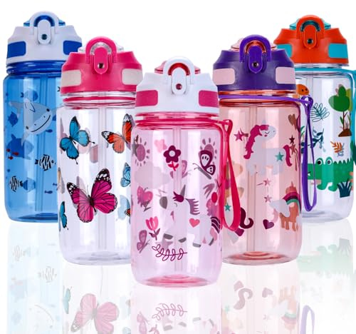 SUPPRUI Water Bottles with Straw & Handle,600ml Drinks Bottle for School,Leakproof BPA free Sport Bottles (Pink-Unicorn)