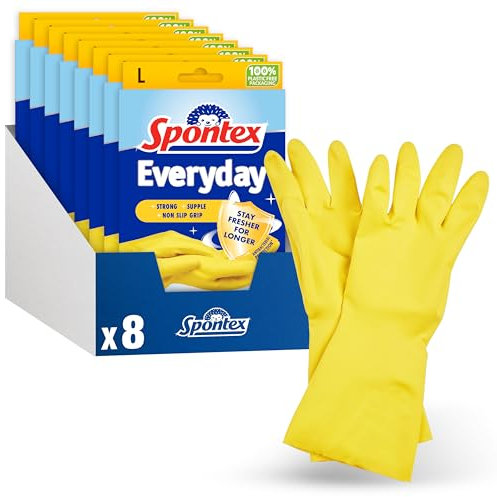 Spontex Everyday Protect Rubber Gloves | Large Size | Antibacterial Protection | Non-Slip Grip | Natural Latex with 100% Recycled Cotton Lining | 8 Pairs