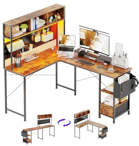 CAIYUN 58 L Shaped Gaming Desk, Corner Computer desk with LED Light & Power Socket, Reversible Gaming Table with Pegboard, L Desk for Home Office, Rustic Brown