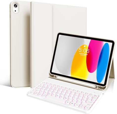 GKABXY Für iPad (A16) 11./10. Generation (11/10.9 Zoll, 2025/2022) Tastatur-Schutzhülle, 7-Farbige Beleuchtung, Detachierbarer kabelloser Bluetooth-Tastatur, Weiße runde-Tastaturkappen, Weiß
