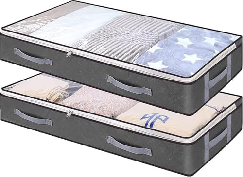 2 Stück Unterbett Aufbewahrungsbox - Vliesstoff Faltbare Unterbettkommode mit Reißverschluss 100x50x15cm- Aufbewahrungstasche für Kleidung, Decken, Kissen (Grau)