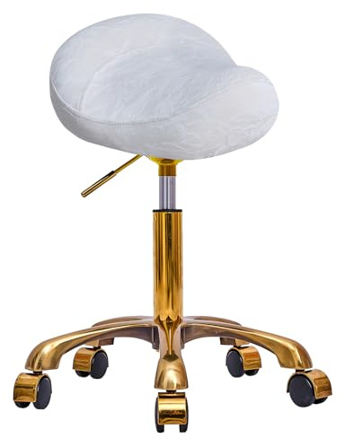 XCRFKGW Dorato Sgabello da Sella con Ruote, Altezza Regolabile Sgabelli, PU Pelle Girevole Rotolante Sedia per Negozi Parrucchiere e Tattoo (Bianco, Senza Schienale)