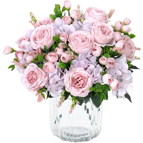 SOMYTING 4 ramos de peonías artificiales, ramos de peonías artificiales, flores de hortensia, ramo de peonías de seda para bodas, centros de mesa, arreglos florales decorativos (rosa violeta)