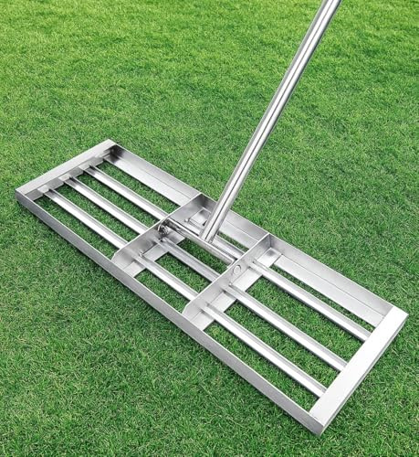 Râteau de nivellement de pelouse de qualité professionnelle – Tête en acier inoxydable de 76,2 x 25,4 cm avec poignée réglable de 198,1 cm – Niveleur de sol robuste pour l'entretien de la pelouse, du