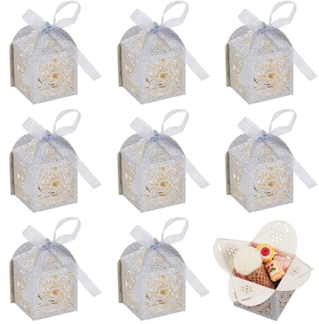 Boutigem Mini-Geschenkboxen aus lasergeschnittenem Papier, hohl, für Süßigkeiten, Party, Gastgeschenke, mit Band, für Hochzeit, Party, Geburtstag, Weihnachten, Valentinstag, 10 Stück