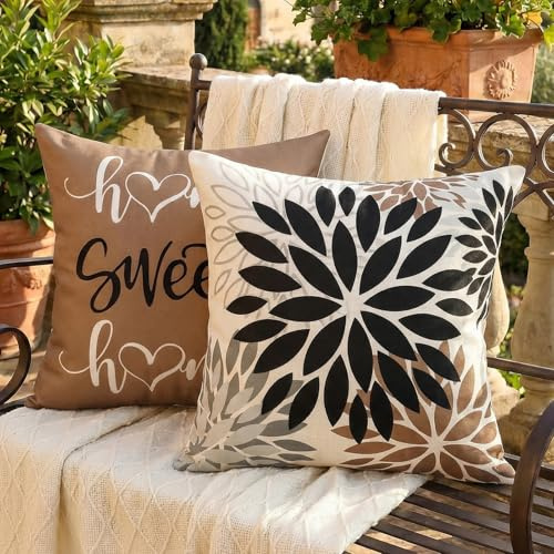 AwzyGous Housse Coussin 45x45 Marron Noir Fleurs de Dahlia Cushion Covers Automne Taie Oreiller 40x40 Décorative Coussin Canapé pour Salon Chambre Décoration Extérieure Lot de 2