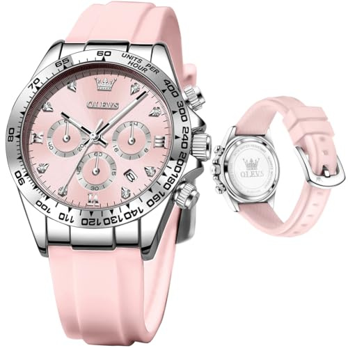 OLEVS Womens Watches Pink Elegant Diamond Dress Watch for Lady Large Analog Casual Silicone Waterproof Luminous Date Female Wristwatch