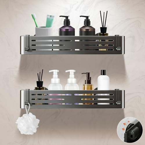 Lekesky Modern Rust Resistant Shower Caddy, 2-Pack Gunmetal Gray Aluminum Suction Cup Shower Shelf No Drilling with 12 Hooks