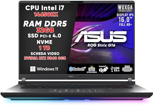 ASUS ROG STRIX G16 (2025) PC GAMING, NOTEBOOK GAMING I7-14650HX, NVIDIA GEFORCE RTX 5060 (8GB GDDR7), RAM 32GB DDR5, SSD 1TB, DISPLAY 16 FHD CON THUNDERBOLT 5, BT 5.4, TASTIERA RGB, WIFI 7