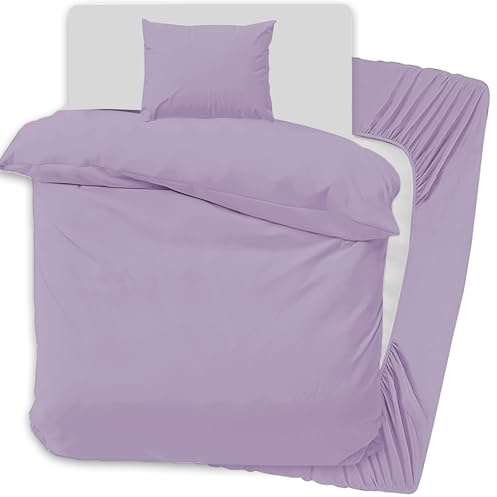 PRIME LINENS 3 Pcs Duvet Cover Set with Matching Fitted Sheet 30 cm Deep & 1 Pillowcase - Soft Breathable Premium Microfibre Quilt Cover Bedding Set (Lilac, Single)