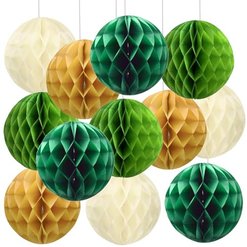 Lot de 12 Boules en Papier nid d'abeille Vert Sauge,Crème et Doré,Honeycomb Balls,Papier Pompom pour Vert et Doré Décoration de Fête