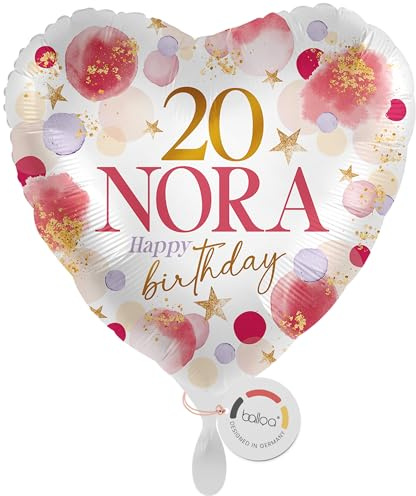 balloa Personalisierter Ballon mit Namen, Geschenk zum 20 Geburtstag, Herz Folieballon Happy Birthday Design mit Wunschtext in Rosa Gold Lila, Helium geeignet, Luftballon für Frauen Mädchen, 33cm