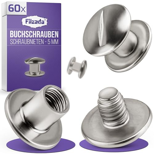 Filzada® 60x Buchschrauben 5mm Silber - Schraubnieten -Nieten Leder, Gürtel | Gürtelschrauben, Buchbinderschrauben vernickelt - für Bücher, Lederaccessoires, Schuhe - rostbeständig - Silberfarben