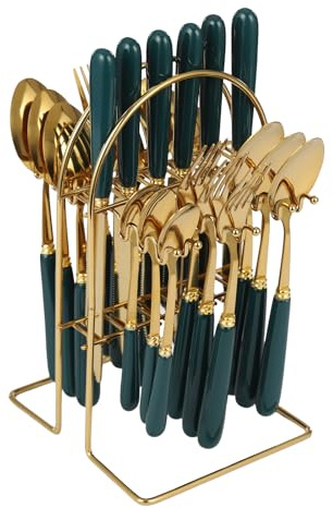 Stainless Steel Flatware Set, 24 Piece Cutlery Set with Holder, Service for 6, Spoons Forks Knives Set, Hanging Set for Restauroom Wedding Birthday Parties (Gold+ Dark Green)