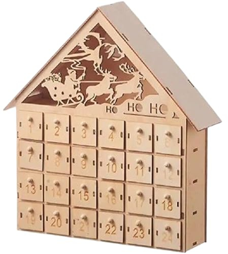 Calendario dell'avvento in legno con cassetti calendario Avvento vuoto a forma di casa da riempire con slitte Babbo Natale intagliato 24 giorni a LED RILLABLE 2025 Decorazioni natalizie