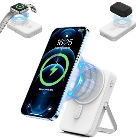 Batterie Externe 10000mAh Magnétique 3-en-1, Chargeur Portable sans Fil 15W, 22.5W USB-C Charge Rapide avec Béquille & Affichage LED, Compatible Mag-Safe pour Smartphone, Casque et Montre (Blanc)