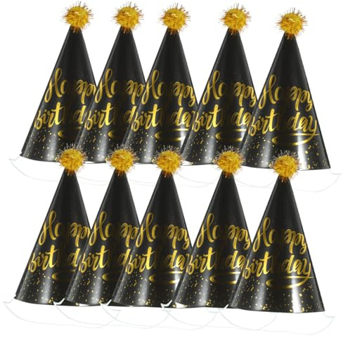 VICASKY 10 Pezzi Cappelli Festa Compleanno in Carta Leggera con Pompon Dorato e Nero Cappellini per Adulti Decorazioni Compleanno Resistenti e Comodi da Indossare