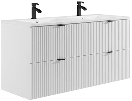 Vente-unique - Armario colgante estriado con lavabo para empotrar – Blanco mate – 120 cm – Zevini
