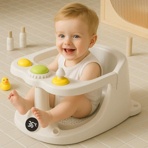 Asiento Bañera Bebé con Termómetro | Silla Bañera Bebé Con 4 Ventosas | Asiento De Baño Bebé Con Juguetes | Soporte Bañera Bebé Para Ducha Y Bañera