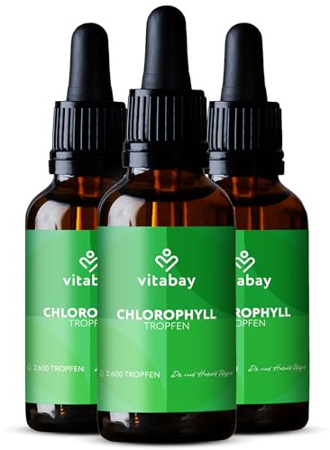 Vitabay Chlorophyll Tropfen 300ml - 400mg Liquid Chlorophyll flüssig | aus Weizengras, Alfalfa und Chlorella - Moderne Chlorophyllin-Formulierung mit Kupfer für hohe Stabilität & Aufnahmefähigkeit