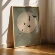 BMGKYAGL Japanischer Kunstdruck in Salbeigrün, abstraktes Sonnenmotiv und fliegende Vögel, Wandbild auf Leinwand für Wohn- und Schlafzimmer (60 x 90 cm/rahmenlos)