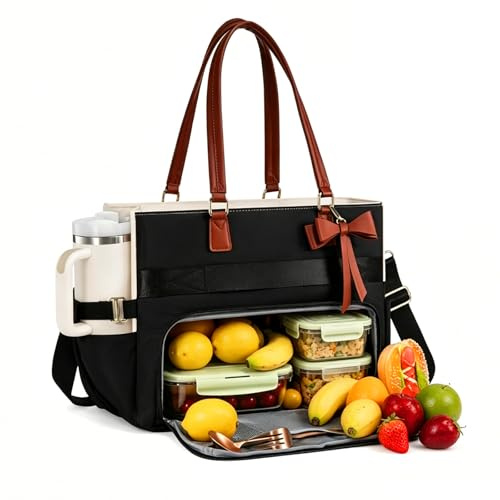 Bztzhm 2-in-1 Laptoptasche Damen mit Isolierted Lunch-Fach, 15.6 Zoll Auslaufsichere Lunchtasche Handtasche braun und Schwarz